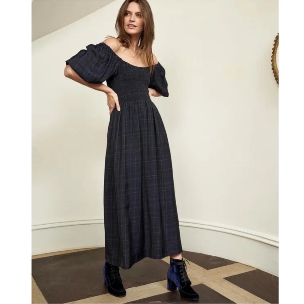 La Ligne Daisy plaid puff sleeve smocked maxi dress